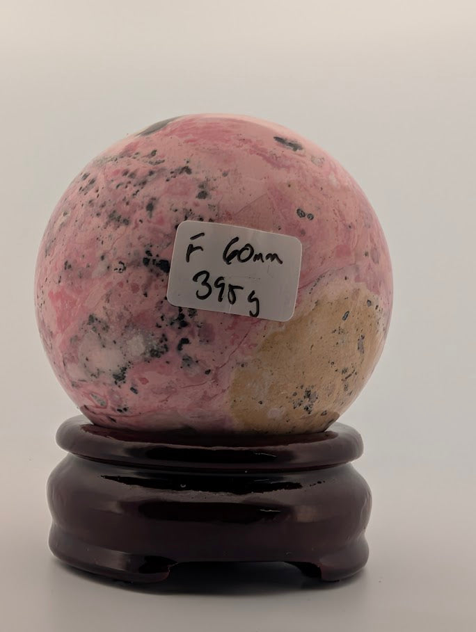 60 mm 395 g Pink Peruvian Rhodonite sphere with label view