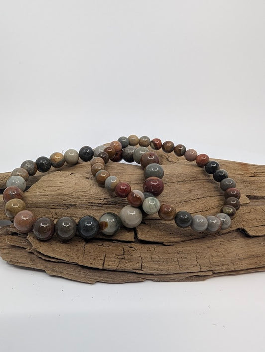 Polychrome Jasper bracelets in 6MM and 8MM with earthy multicolor beads