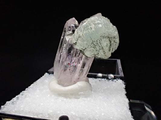 Prehnite on Quartz Cluster – Goboboseb Mountains, Namibia – Green Radial Ball on Clear Crystals (27mm) - Legacy Crystals and Minerals