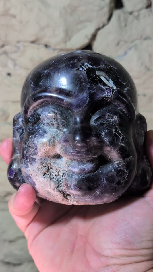 Video of Dream Amethyst Laughing Buddha Head – polished face with deep lavender and violet zoning (Brazil)