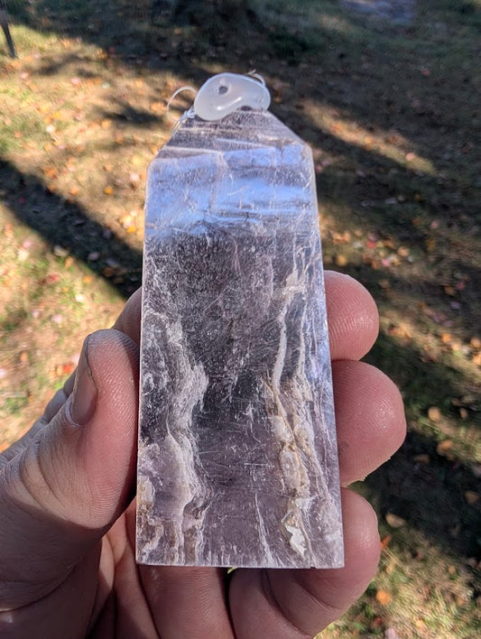 Front view of Purple Lepidolite Mica Tower (#1), 65 g, 78 × 31 × 17 mm, polished six-sided point from Brazil
