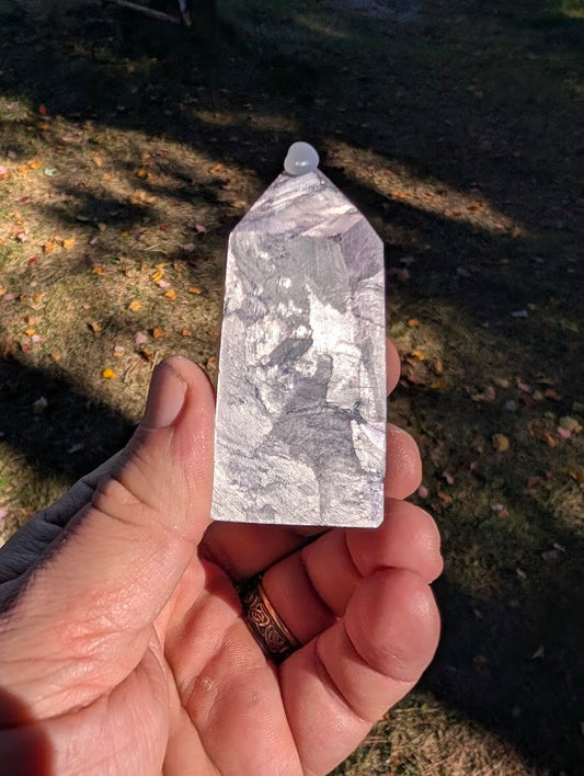 Front view of Purple Lepidolite Mica Tower (#3), 90 g, 73 × 32 × 18 mm, polished six-sided point from Brazil