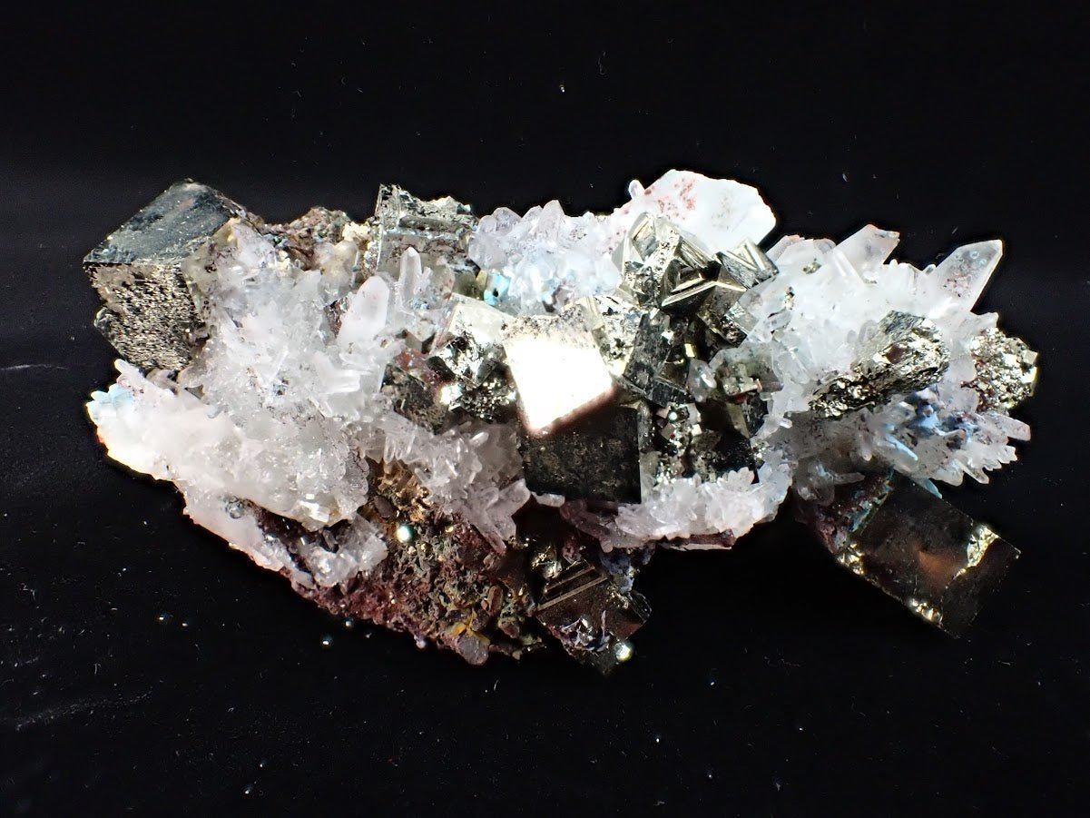 Pyrite and Quartz on Blue Gibbsite – Shangbao Mine, Hunan, China - Legacy Crystals and Minerals