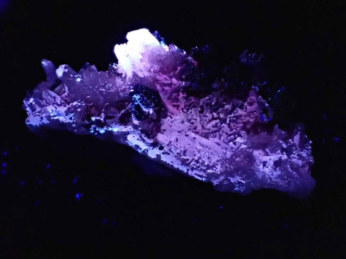 Pyrite and Quartz on Blue Gibbsite – Shangbao Mine, Hunan, China - Legacy Crystals and Minerals