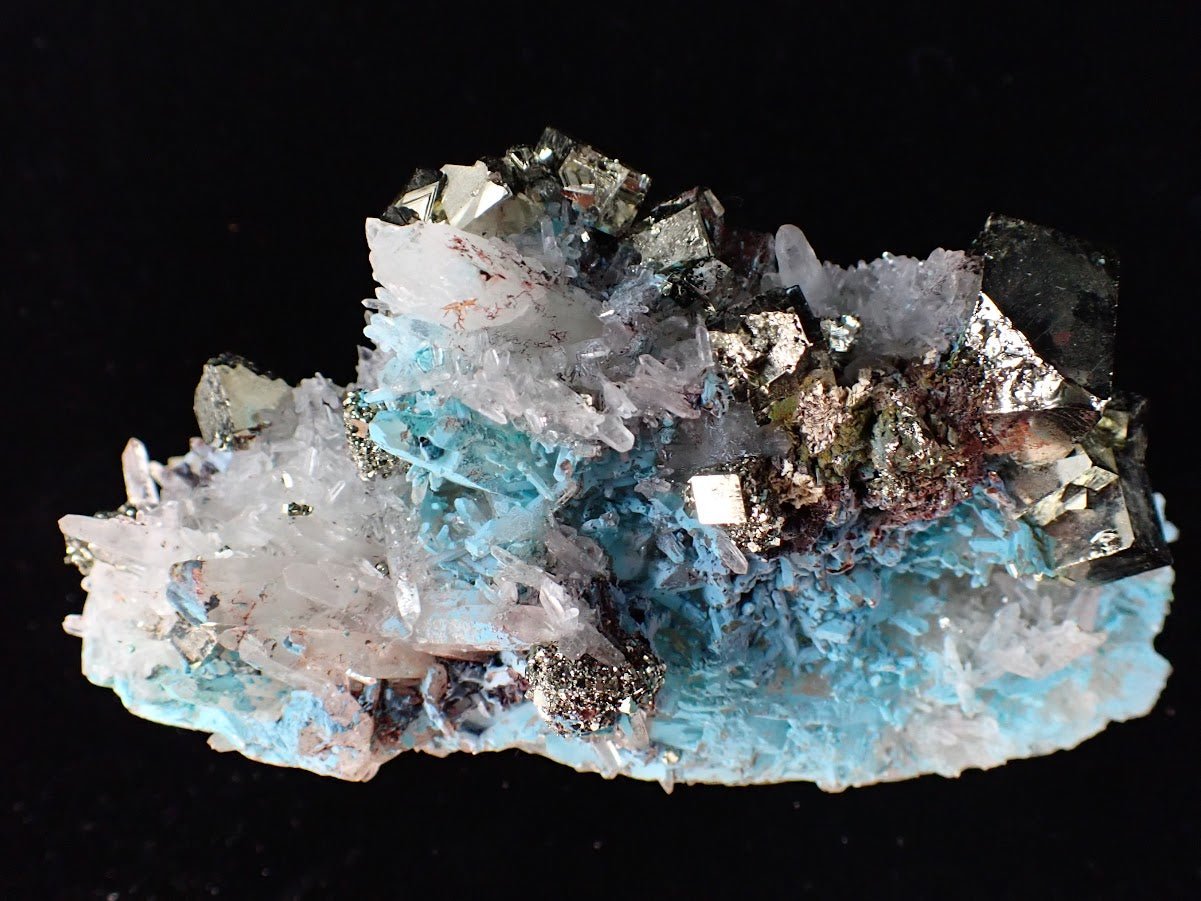 Pyrite and Quartz on Blue Gibbsite – Shangbao Mine, Hunan, China - Legacy Crystals and Minerals