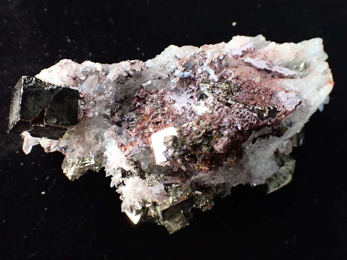 Pyrite and Quartz on Blue Gibbsite – Shangbao Mine, Hunan, China - Legacy Crystals and Minerals
