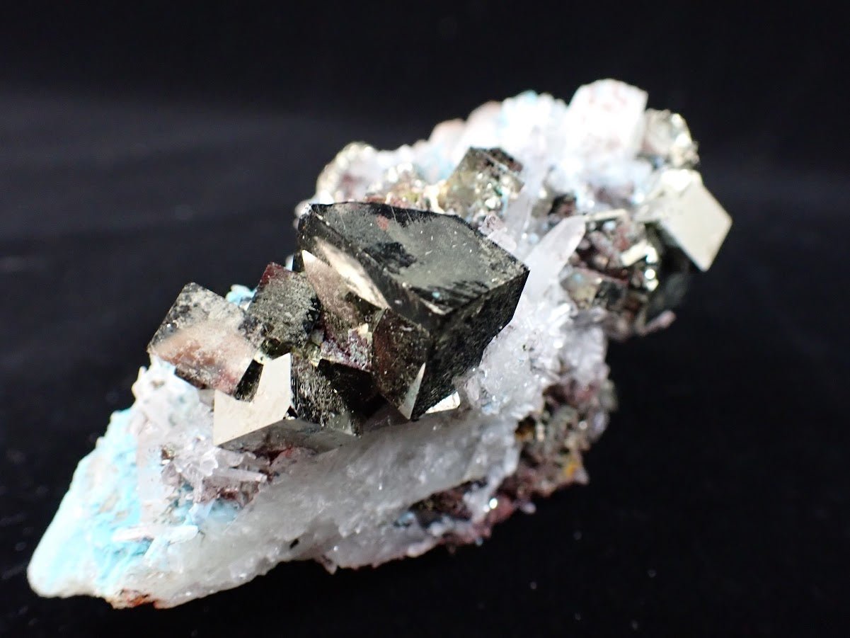 Pyrite and Quartz on Blue Gibbsite – Shangbao Mine, Hunan, China - Legacy Crystals and Minerals