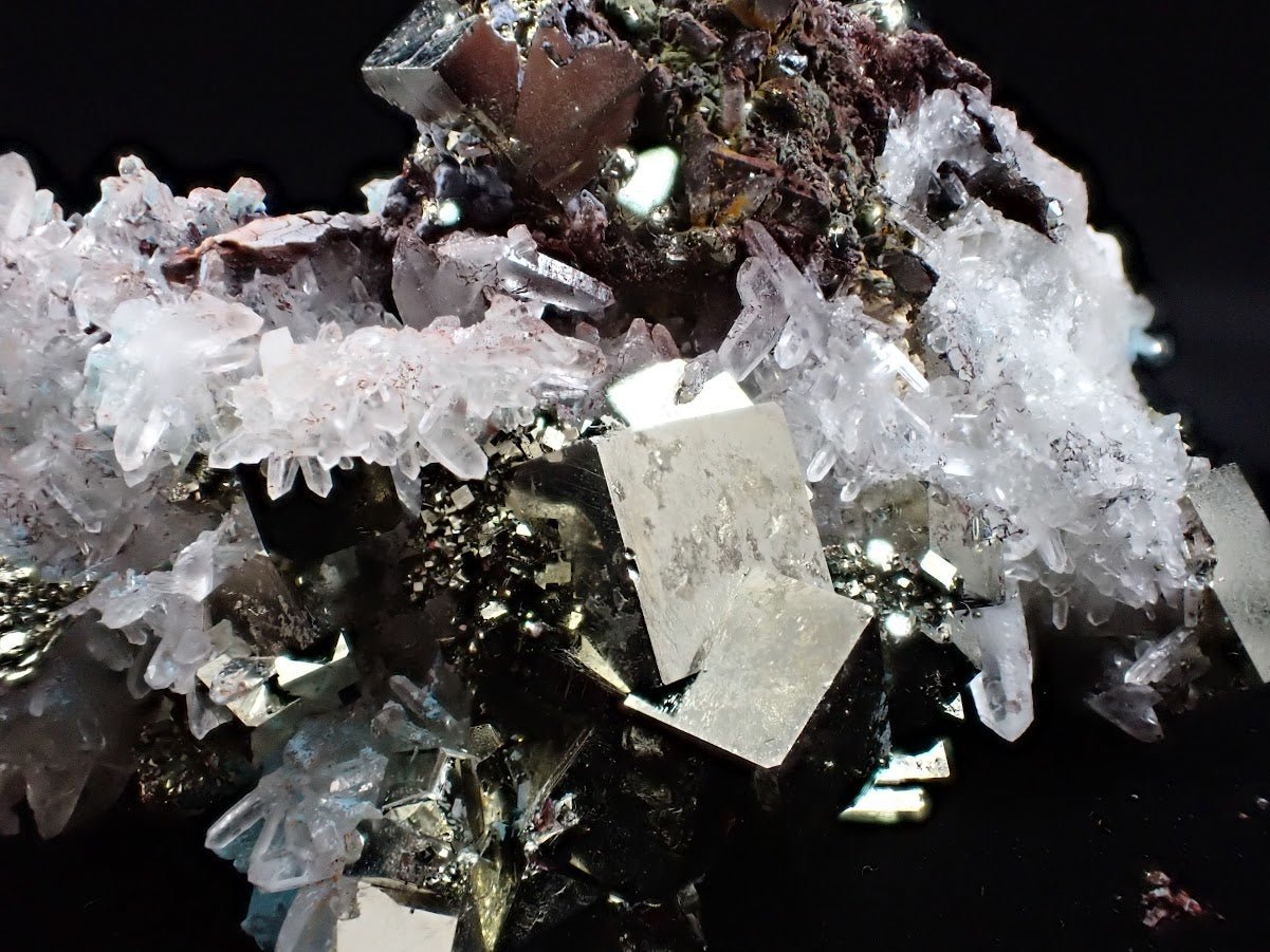 Pyrite and Quartz on Blue Gibbsite – Shangbao Mine, Hunan, China - Legacy Crystals and Minerals