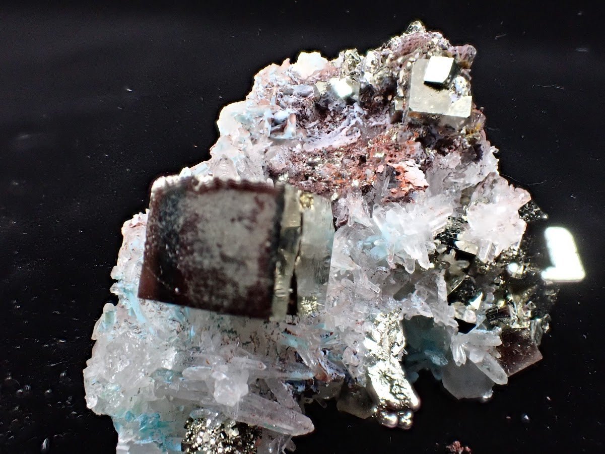 Pyrite and Quartz on Blue Gibbsite – Shangbao Mine, Hunan, China - Legacy Crystals and Minerals