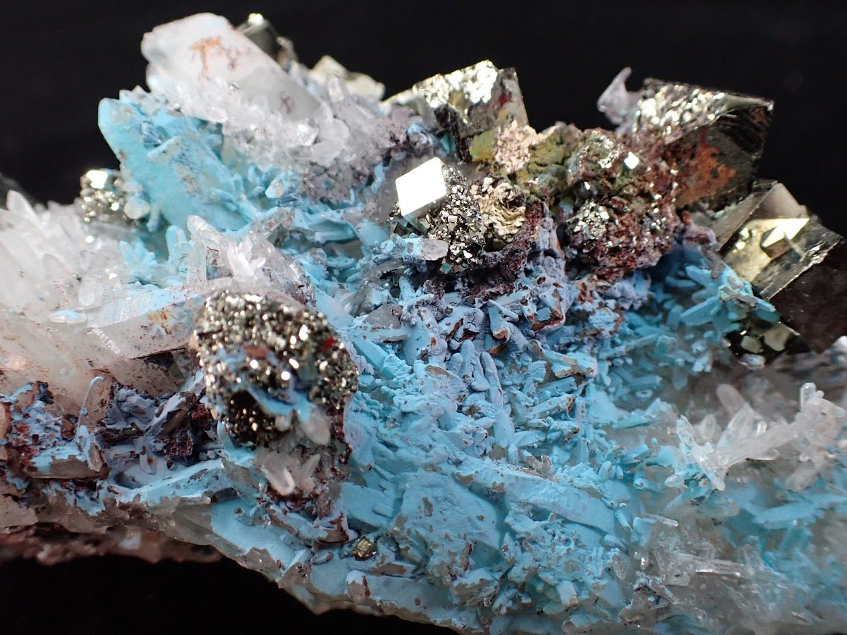 Pyrite and Quartz on Blue Gibbsite – Shangbao Mine, Hunan, China - Legacy Crystals and Minerals