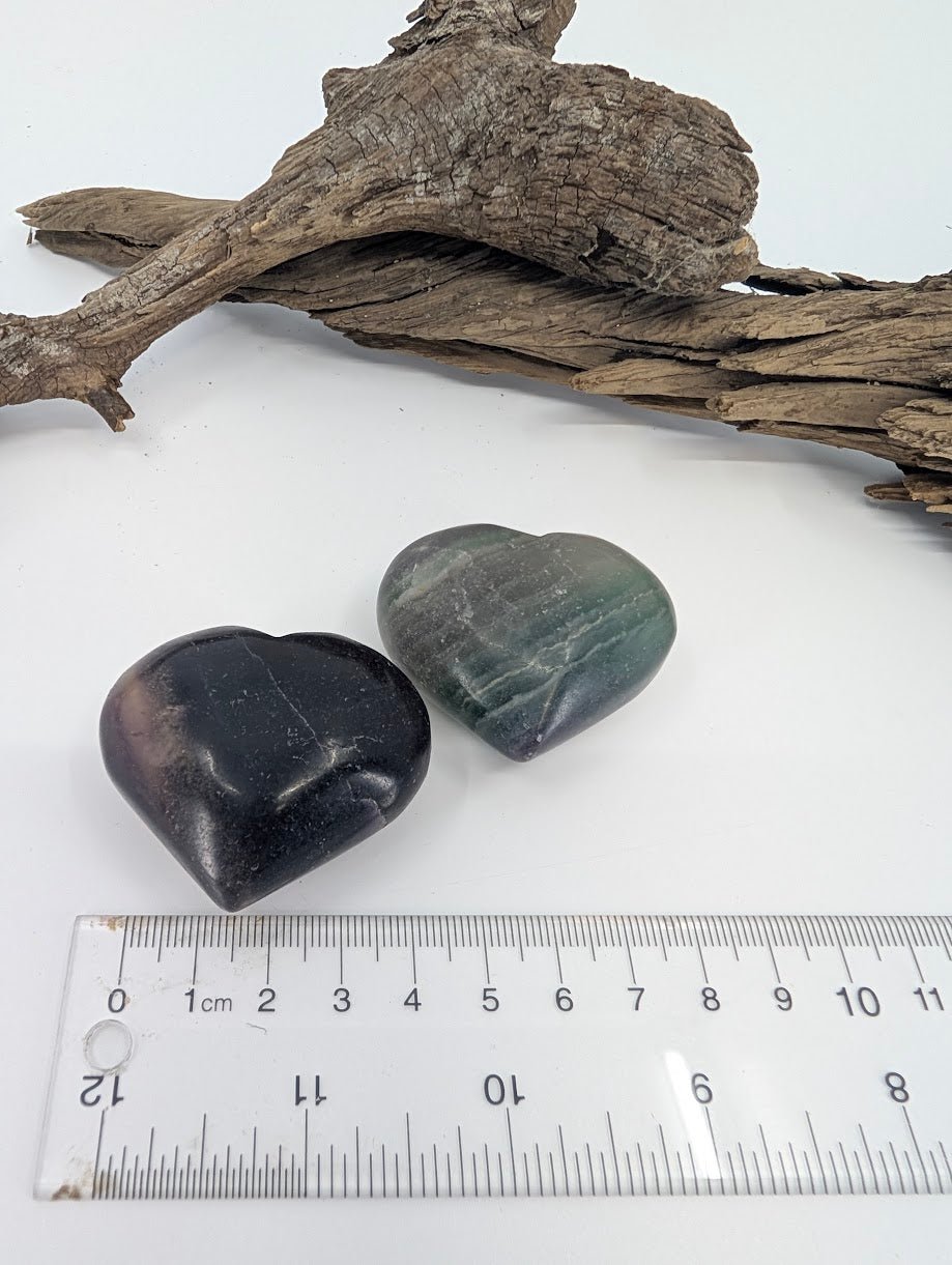 Size measurement of Rainbow Fluorite hearts approx 5cm wide.