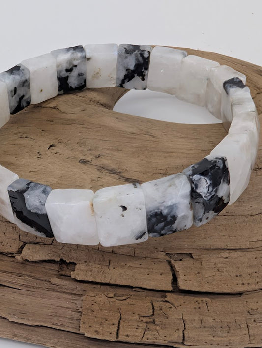 Close-up of Rainbow Moonstone bracelet tiles with subtle blue flash