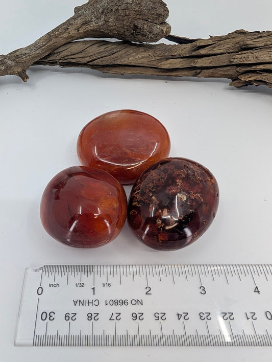 Red carnelian palm stones beside ruler showing approximate size