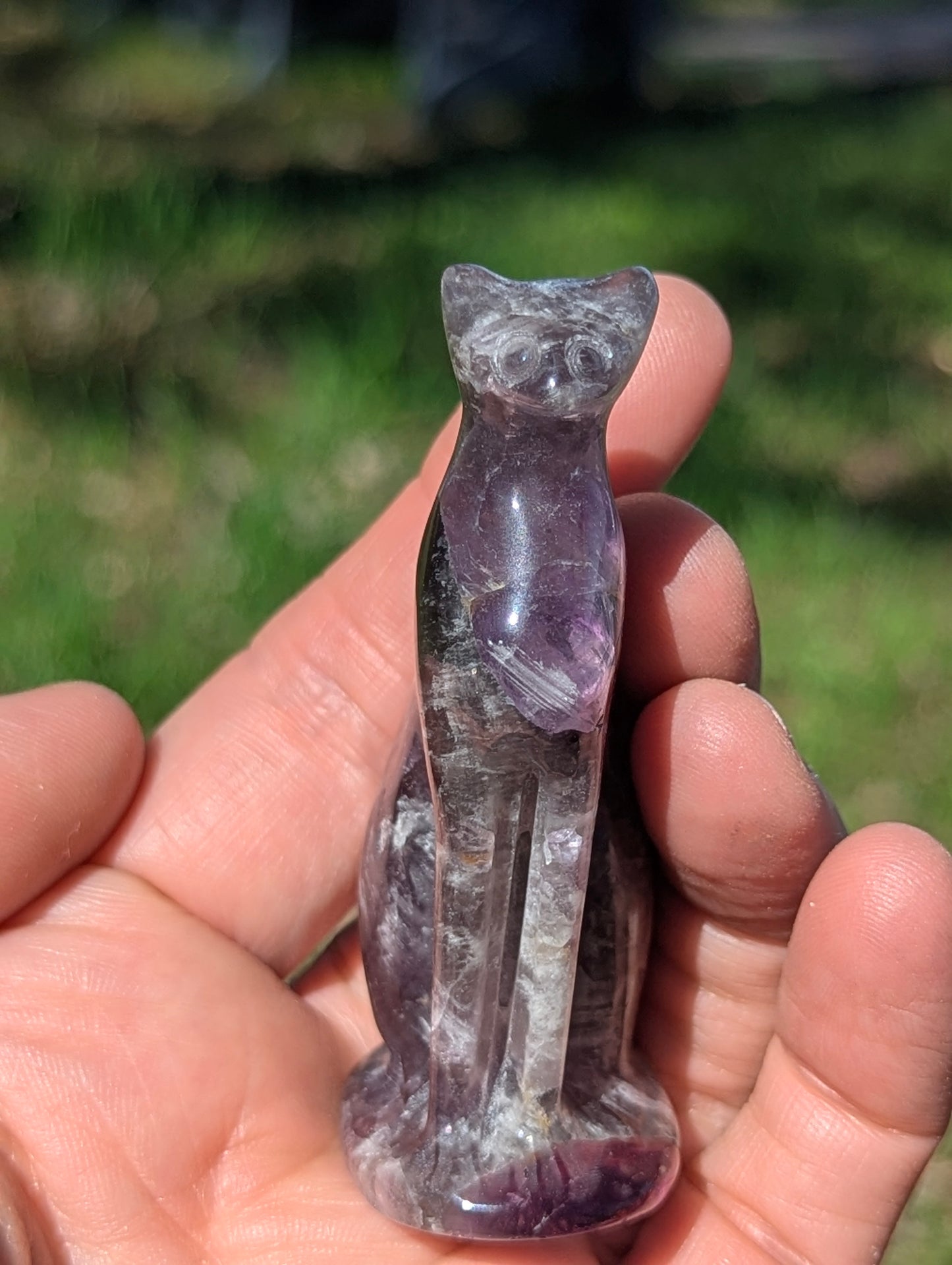 Purple Fluorite Egyptian Cat Goddess Divine Feline Carving - 2.7"