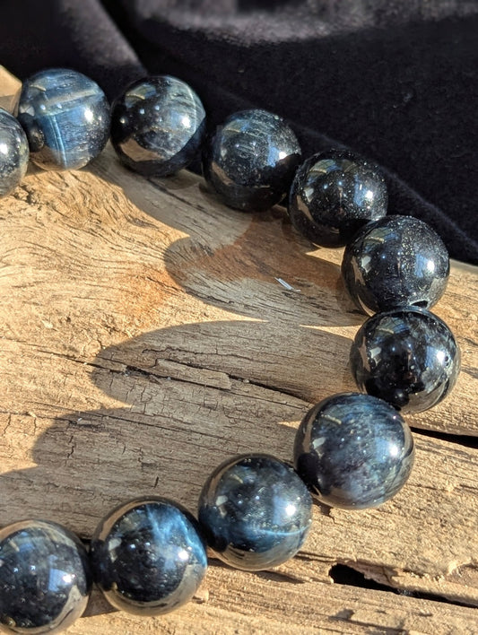 Gemstone Quality Blue Tiger's Eye Bracelet – 8mm & 12mm Polished Beads (Hawk’s Eye) - Legacy Crystals and Minerals