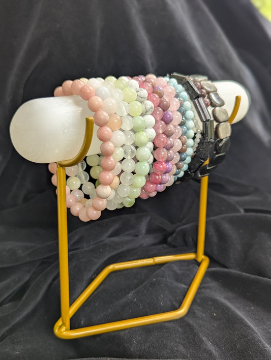 Luminous Selenite Rod & Bracelet Holder with Gold Display Stand