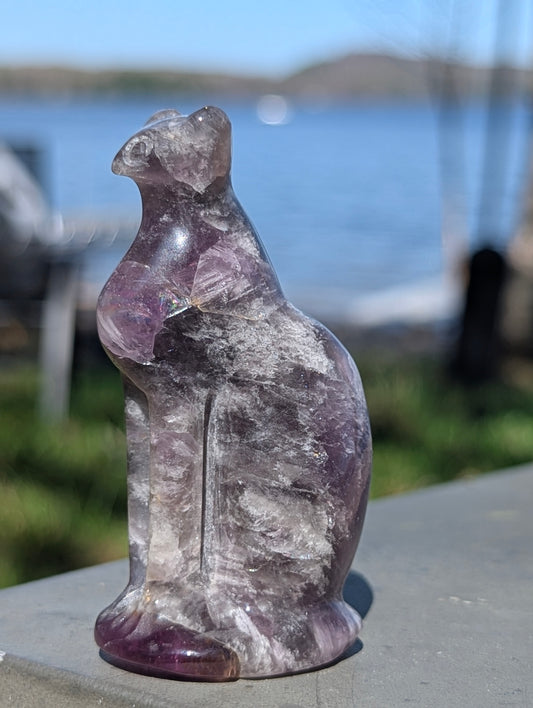 Purple Fluorite Egyptian Cat Goddess Divine Feline Carving - 2.7"
