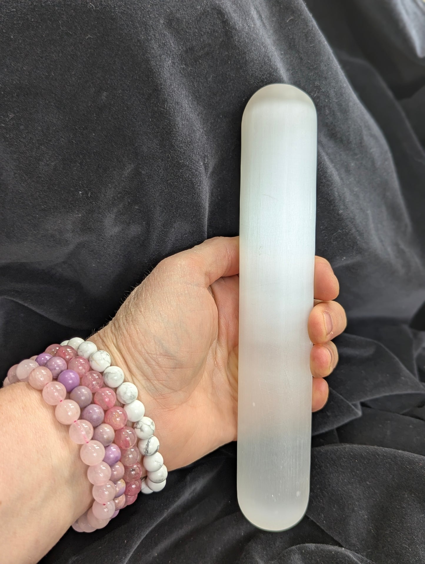 Luminous Selenite Rod & Bracelet Holder with Gold Display Stand