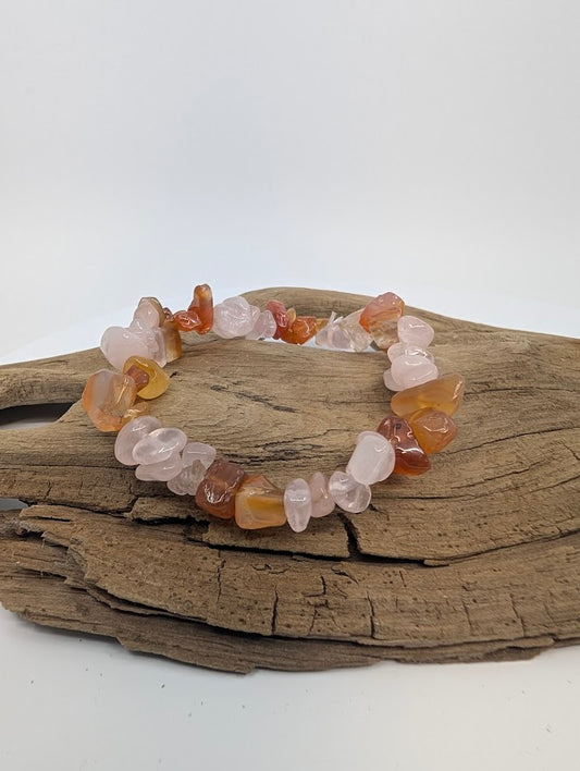 Rose Quartz and Carnelian chip bracelet on driftwood, polished natural stones