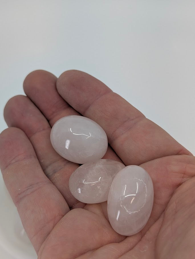 Rose Quartz tumbled stones in hand for size reference