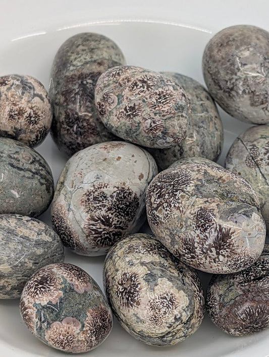 Close-up of natural flower-like patterns in Russian Flower Agate