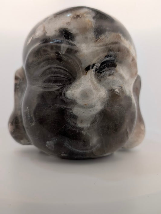 Silver Mica (Muscovite) Laughing Buddha head—polished front with silver lamellar sheen
