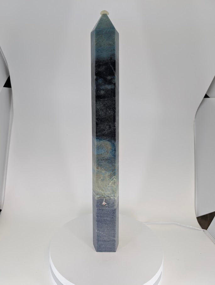 Front view of 18-inch Brazilian Trollite tower showing deep blue-green color zoning