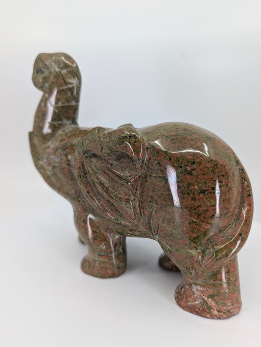 Left side view of Unakite elephant carving