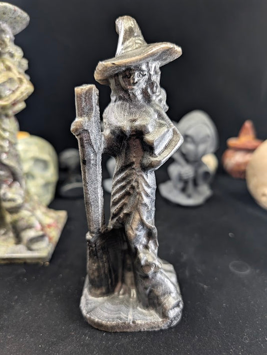 Silver Obsidian Witch Carving – Front View with broom and cat