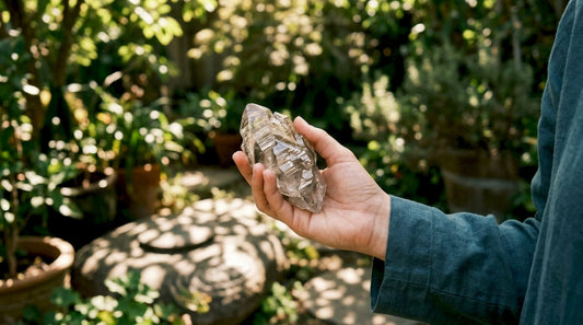 Hand holding layered elestial quartz crystal