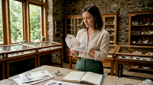 Curator examining quartz crystal in mineral study room