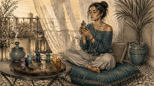 Woman meditating with chakra crystals in home corner