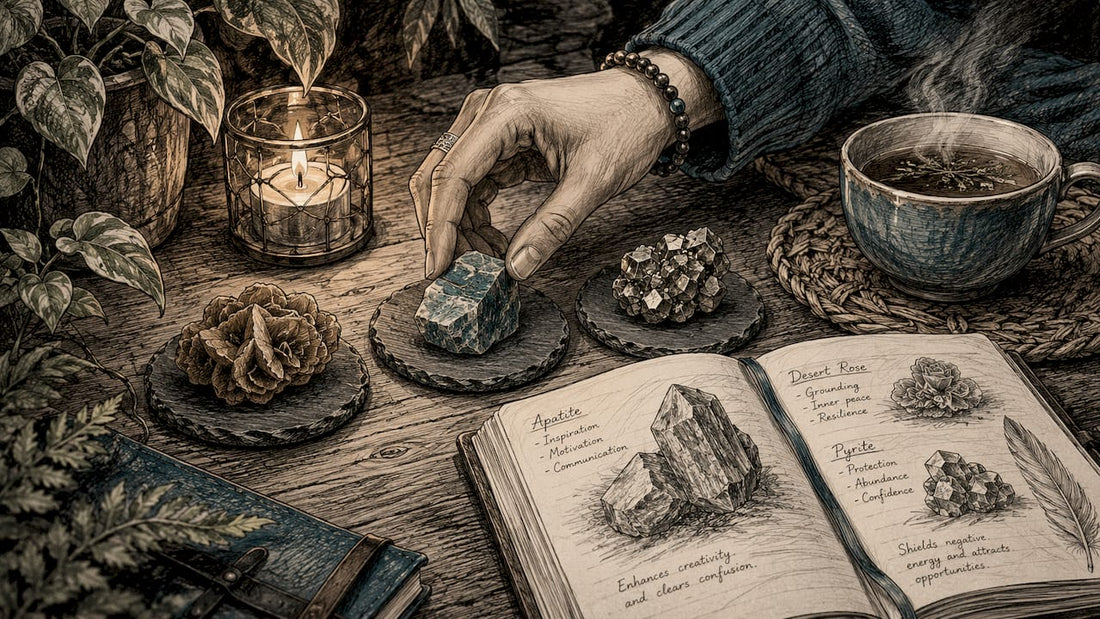 Overhead view of earth-inspired crystals and natural decor