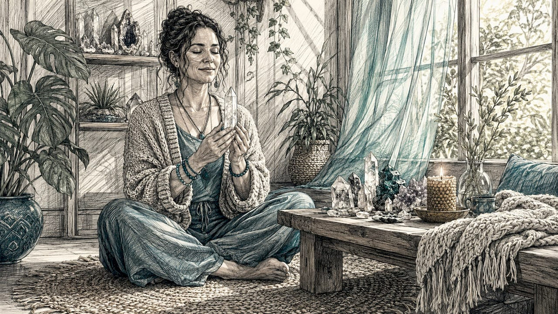 Person meditating with clear quartz crystal at home