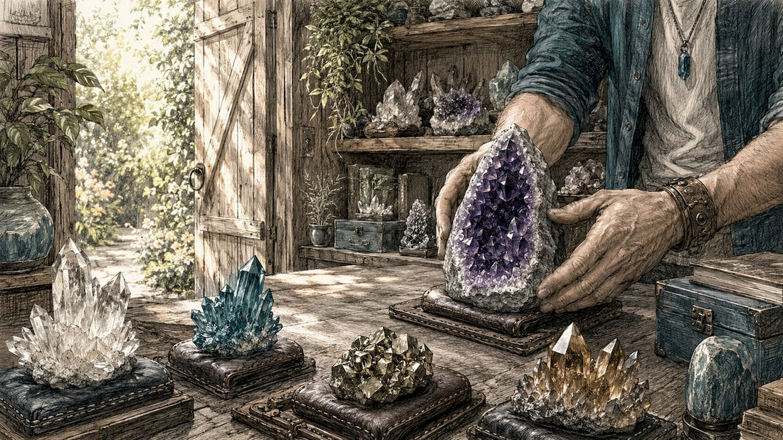 Hands arranging colorful crystal specimens on display