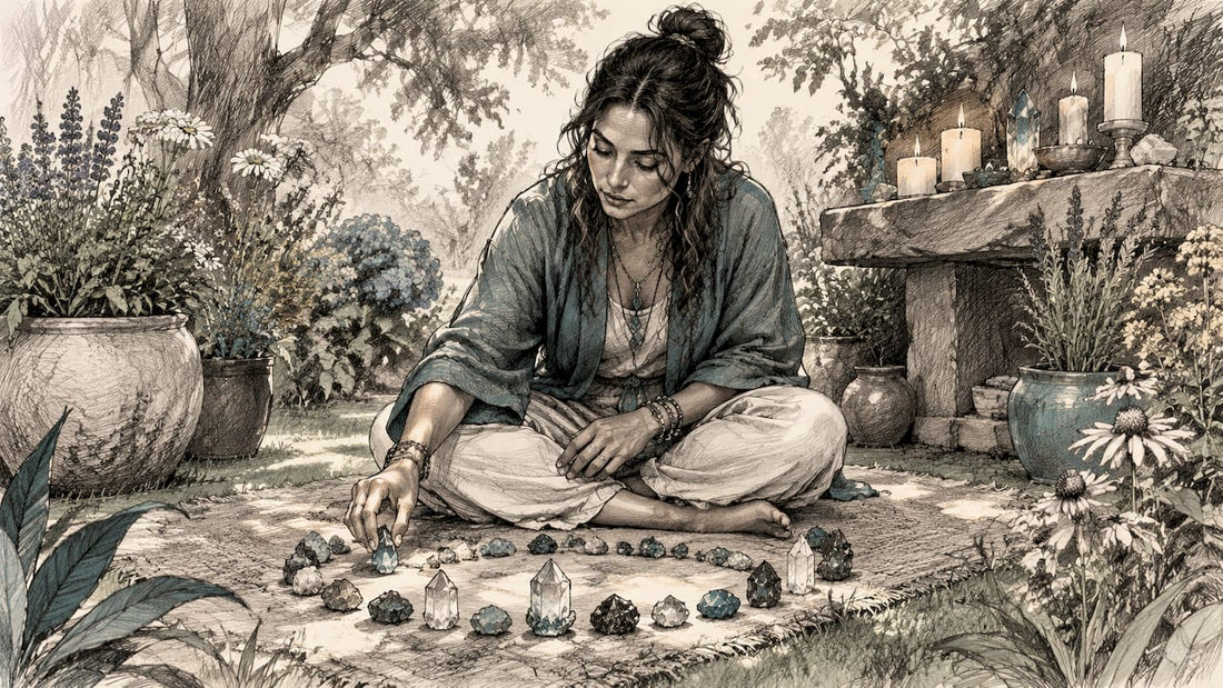 Reiki practitioner arranging crystals in meditation space