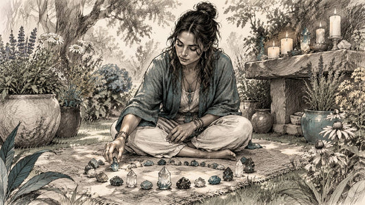 Reiki practitioner arranging crystals in meditation space