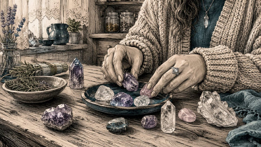 Hands selecting healing stones on wooden table in sunlight