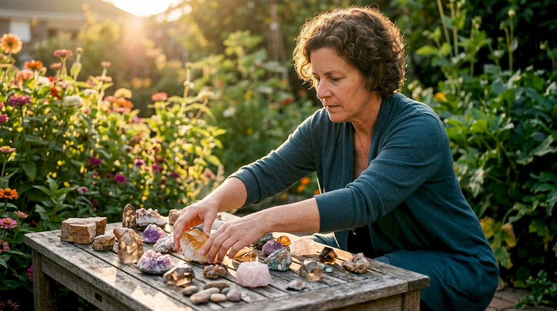 Woman arranging crystals on home wooden shelf