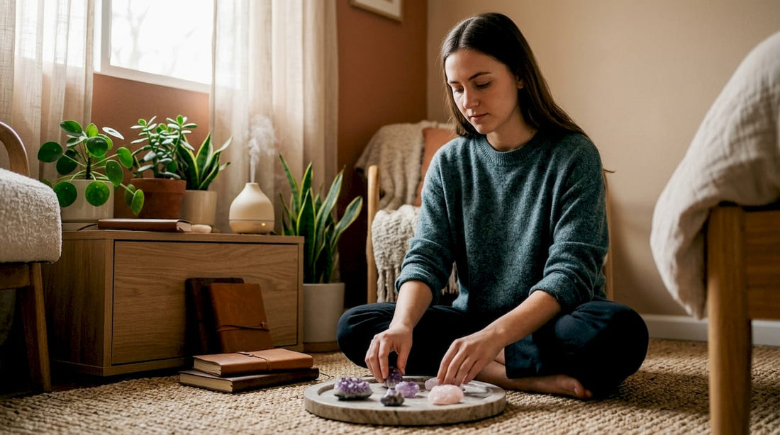Woman arranging crystals for healing ritual