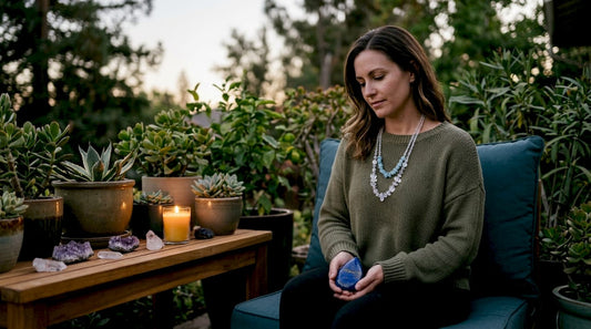 Woman meditating with crystal jewelry at home