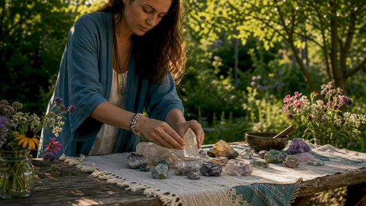Woman arranging crystals on home altar table
