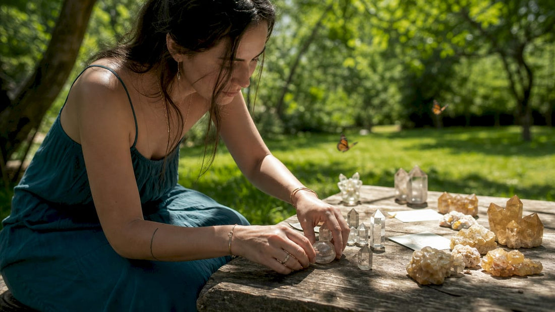 Holistic practitioner arranging raw and carved crystals