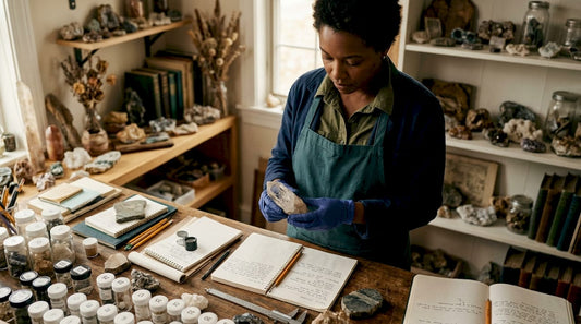 Geologist examining quartz crystal morphology