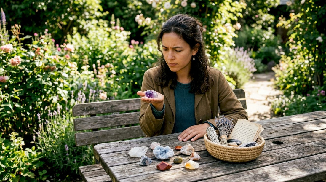 Woman selecting Amethyst crystal by sunlit table