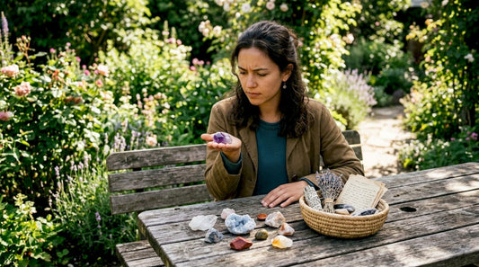 Woman selecting Amethyst crystal by sunlit table
