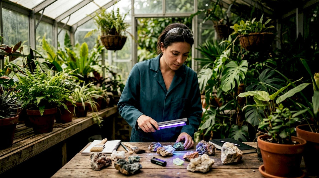 Geologist examining UV fluorescent minerals in lab