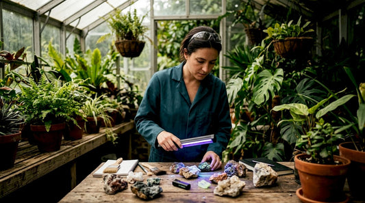 Geologist examining UV fluorescent minerals in lab