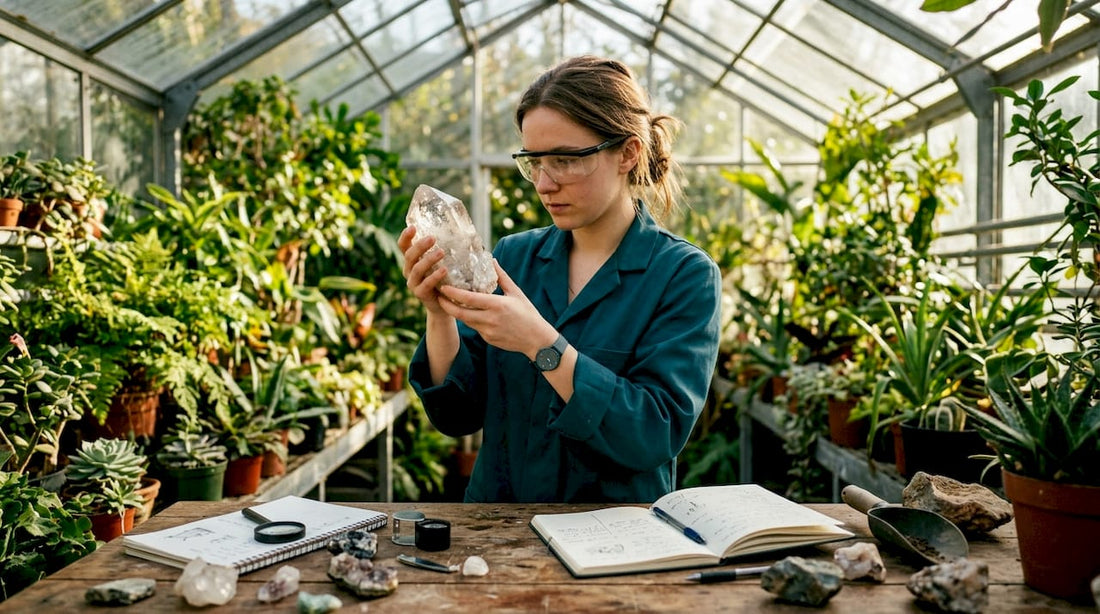 Geologist examining quartz crystal cleavage