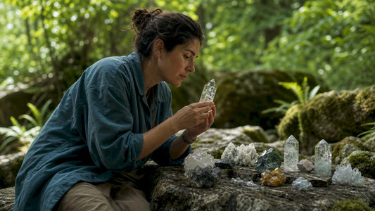 Woman examining sacred geometry crystals